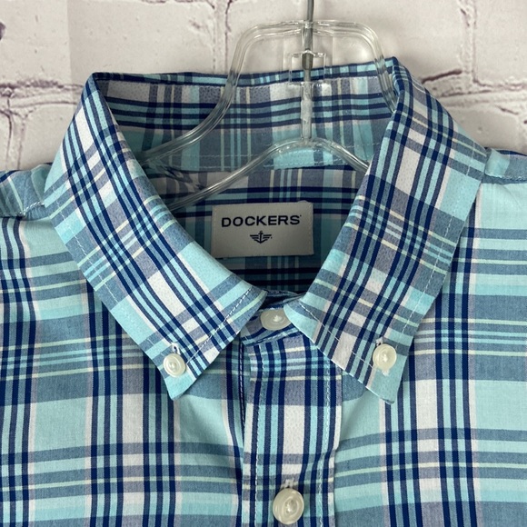 Dockers Men's Aqua Green & Navy Blue Plaid Button Down Long Sleeve Shirt. Sz: S - Picture 4 of 9